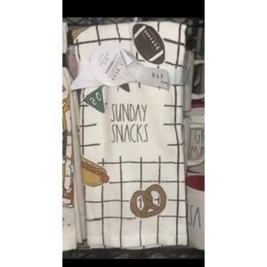Rae Dunn Sunday Snacks Kitchen Towel Set of 2 Football Game Day Cotton White